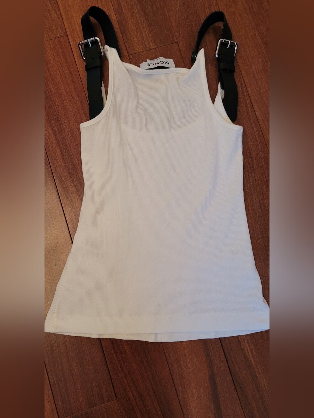 MONSE White Ribbed Tank with Black Buckle Straps Size S - Picture 5 of 6